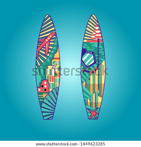 vector illustration of a surfing Stand Up Paddle or surfboard with a summer print, pattern, palm trees, a stripes, cocktails, a suitcase, holiday, recreation