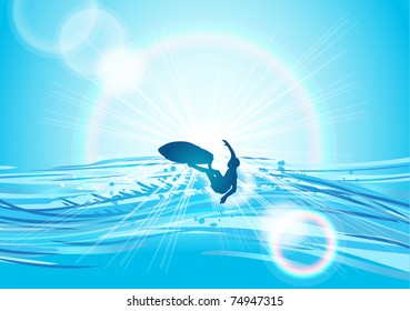 vector illustration of surfing at sunrise