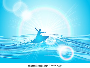 vector illustration of surfing at sunrise