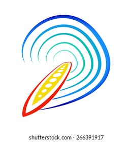 Vector illustration of surfing surfboard on wave in the ocean. Flat color style icon on white background. Logo for your company.