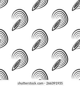 Vector illustration of surfing surfboard on wave in the ocean. Black seamless pattern on white background.