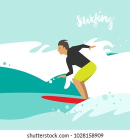 Vector illustration of surfing. A surfer man on a surfboard. Summer, sea, ocean