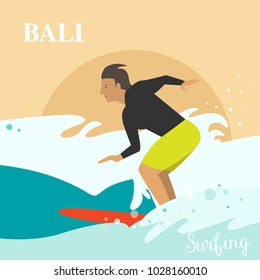 Vector illustration of surfing. A surfer man on a ride in Bali