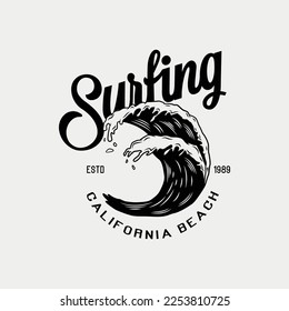 Vector illustration surfing theme badge design. For t-shirt prints, posters, stickers and other uses.