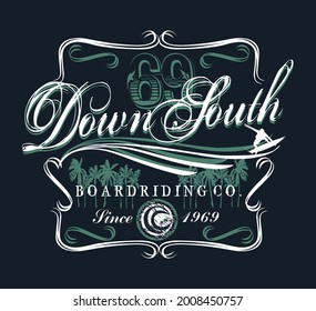 Vector illustration of surfing themed label with palm trees and wave in graphic style.