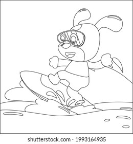 Vector illustration of surfing time with cute little dog at summer. Childish design for kids activity colouring book or page.