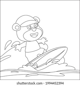 Ilustración vectorial del tiempo de surf con un oso lindo en el verano. Diseño infantil para niños animan libros o páginas coloreadas.