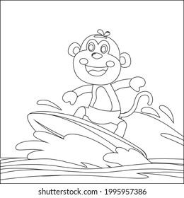 Vector illustration of surfing time with cute little monkey at summer. Childish design for kids activity colouring book or page.