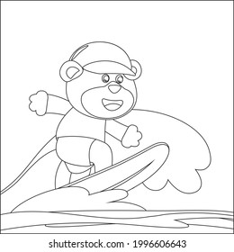 Vector illustration of surfing time with cute little bear at summer. Childish design for kids activity colouring book or page.