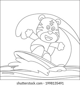 Vector illustration of surfing time with cute little tiger at summer. Childish design for kids activity colouring book or page.