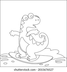 Vector illustration of surfing time with cute little dinosaurs at summer. Childish design for kids activity colouring book or page.