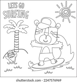 Ilustración vectorial del tiempo de surf con tigre lindo en la playa de verano. Diseño infantil para niños animan libros o páginas coloreadas.