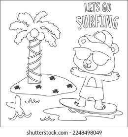 Vector illustration of surfing time with cute little bear at summer beach. Childish design for kids activity colouring book or page.