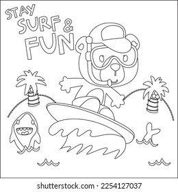 Vector illustration of surfing time with cute little bear at summer beach. Childish design for kids activity colouring book or page.