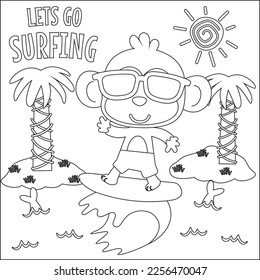 Vector illustration of surfing time with cute little monkey at summer beach. Childish design for kids activity colouring book or page.