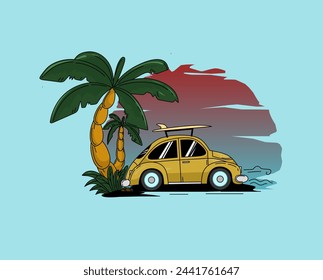 Vector illustration of surfing time summer fun concept. Vintage yellow surf car, retro bus, with surfboards and palm trees on background