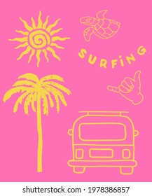 Vector illustration of surfing view. Surfing labels, badges and design elements. Turtle, car, palm tree, sun, cute tanned hand. 