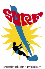 Vector illustration of surfing view. Surfing labels, badges and design elements. Sun, wave, windsurfing boy. Red inscription surf. 