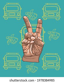 Vector illustration of surfing view. Set of surfing labels, badges and design elements. Shaka sign. Good vibes. Turtle, car, cute tanned hand 