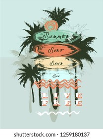 Vector Illustration Surfing Waves Surfboard Travel T-shirt Graphic Tropical Beach Palm Tree Summer Vacation Fashion Design with Typography