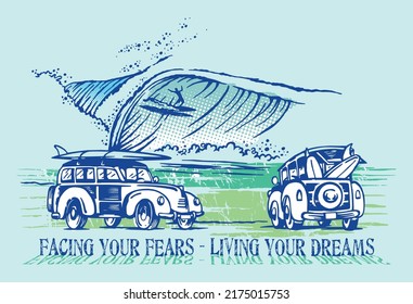 Vector illustration of surf-themed seaside landscape. Art in a cartoon style in stripped strokes.