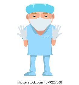 Vector illustration of a surgeon in a blue uniform. Cartoon happy smiling surgeon with mask and gloves isolated. Doctor in mask and gloves . Medical cartoon person.