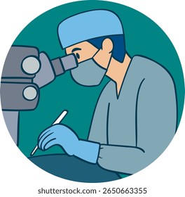Ilustração vetorial de um cirurgião usando um microscópio durante um procedimento médico preciso. Linhas limpas e cores suaves aprimoram o foco