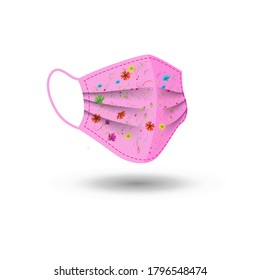 Vector illustration of surgical face mask. The pink medical protective mask  patterned with flowers