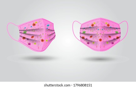 Vector illustration of surgical face mask. The pink medical protective mask  patterned with flowers