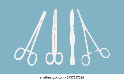 Vector illustration of surgical instruments, scalpel, medical clip, needle holder and scissors on a blue background. Medical signs for infographics, website or application.