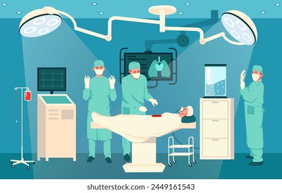 Vector illustration of a surgical team in an operating room with medical equipment, on a blue background, concept of healthcare. Vector illustration