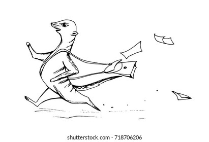 Vector illustration. Suricata runs with a bag on his shoulder, sheets of paper are scattered.