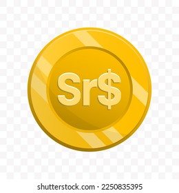 Vector illustration of Surinamese Dollar coin in gold color on transparent background (PNG).