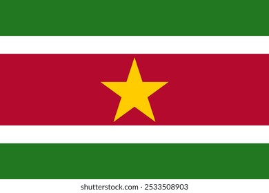 Ilustración vectorial de la bandera de Surinam con franjas rojas, verdes, blancas y doradas y una estrella dorada central. Ideal para proyectos patrióticos, representaciones culturales y temas de orgullo nacional