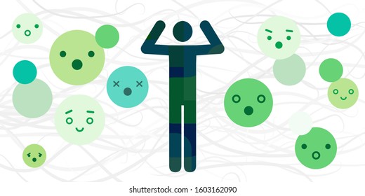 vector illustration of surprise basic emotion or feeling expression with human silhouette and emoji faces