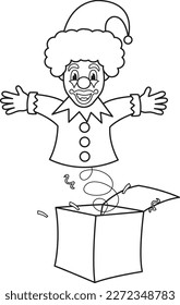 ilustración vectorial de una caja sorpresa, día de los tontos de abril, payaso en un resorte, doodle y esbozo 