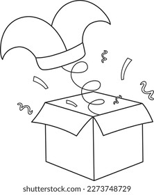 vector illustration of a surprise box, april fools day, clown hat, doodle and sketch 