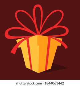 Vector illustration of surprise gift box with ribbon and bow on dark background