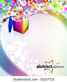 Vector illustration of a surprise gift box exploding into a flow of rainbow stars and bubbles.