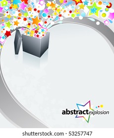 Vector illustration of a surprise gift box exploding into a flow of rainbow stars and bubbles.