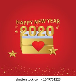 Vector illustration of a surprise new year gift box with red and gold collection, text 2020
