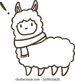 Vector illustration of surprised alpaca wearing a scurf(outline)