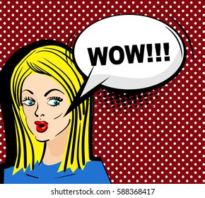 Vector illustration. Surprised attractive pop art blonde girl with long hair says wow. Pin up woman with sensual sexy red lips talking. Comic speech bubble phrase wow. Comics style.