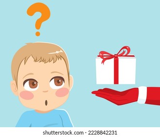 Vector illustration of surprised baby boy receiving first Christmas gift from Santa Claus. Wondering child with question mark reacting to a wonderful present from Santa 