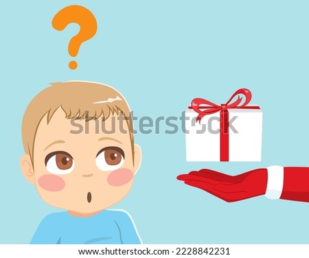 Vector illustration of surprised baby boy receiving first Christmas gift from Santa Claus. Wondering child with question mark reacting to a wonderful present from Santa 