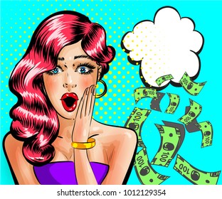 Vector illustration of surprised beautiful woman thinking about money, thought bubble. Pin-up girl portrait in retro pop art comic style.