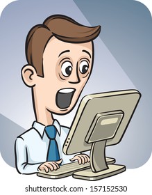 Vector illustration of Surprised Businessman and Desktop Computer. Easy-edit layered vector EPS10 file scalable to any size without quality loss. High resolution raster JPG file is included.