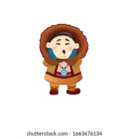 vector illustration of a surprised cartoon eskimo shaman from alaska with a warm fur national coat and in blue mittens, a sticker of surprise, inuit, chukchi, chukcha, isolated on white, eps 10