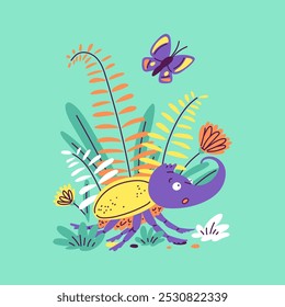 Vector illustration with a surprised character-a rhinoceros beetle with a large horn. This charming creature stands happily surrounded by greenery and flowers