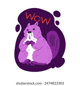 Vector illustration of a surprised cute beaver with purple coloring. An image of a nature carpenter in a cartoon flat style. Perfect for design with wild animals